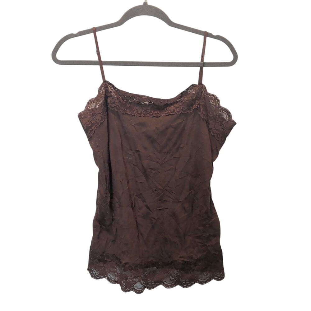 Vintage Y2K 90s Cocomo Sz L Brown Lace Trim Cami Tank Top Crinkle Layering